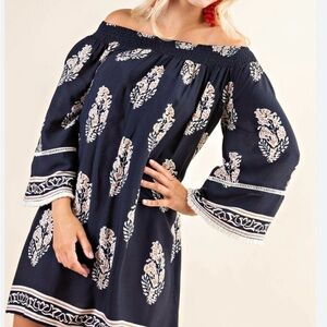 KORI Boho Resort Off Shoulder Smock 3/4 Fringe Bell SLV Floral Navy Party Mini M